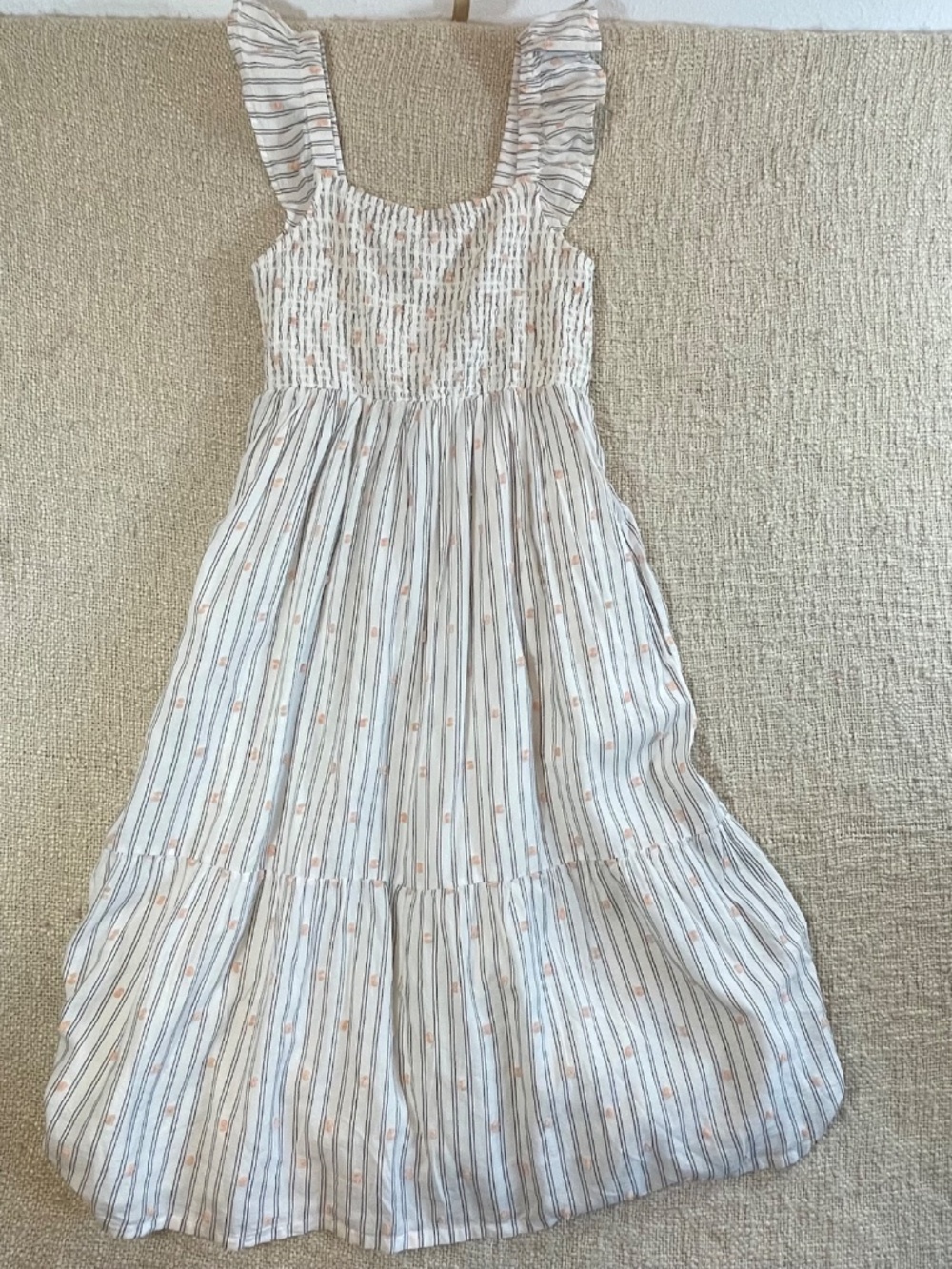 LOFT Striped Peach Clip Dot Smocked Tiered Midi Dress with Pockets Size S - Picture 15 of 15